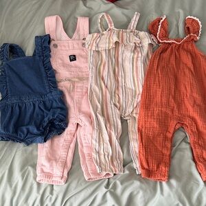 12 monthBaby girl Romper Bundle - Blue, Pink, Striped & Rust Overalls